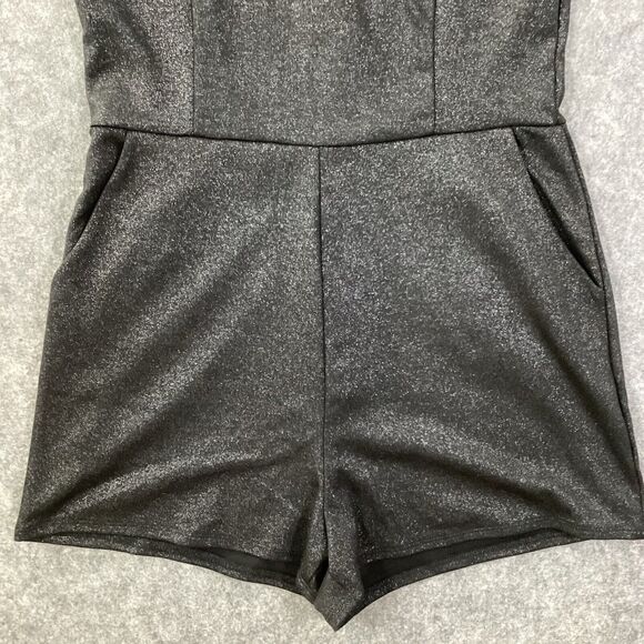 One Clothing Shimmer Sparkle Black Short Sleeveless Halter Romper Pockets Size L - Picture 8 of 14